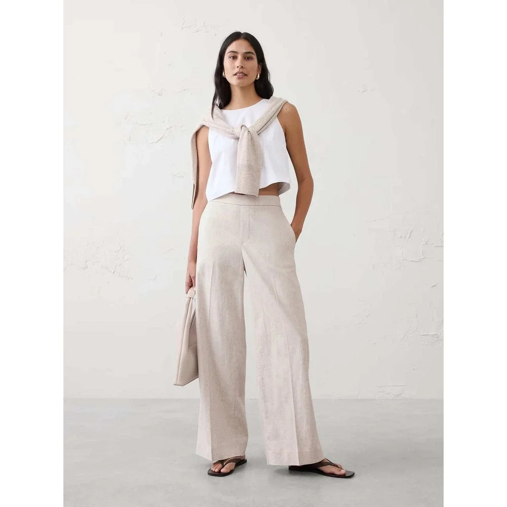 Banana Republic Linen Blend Wide-Leg Crop Pant Women's Large L High Rise Flax